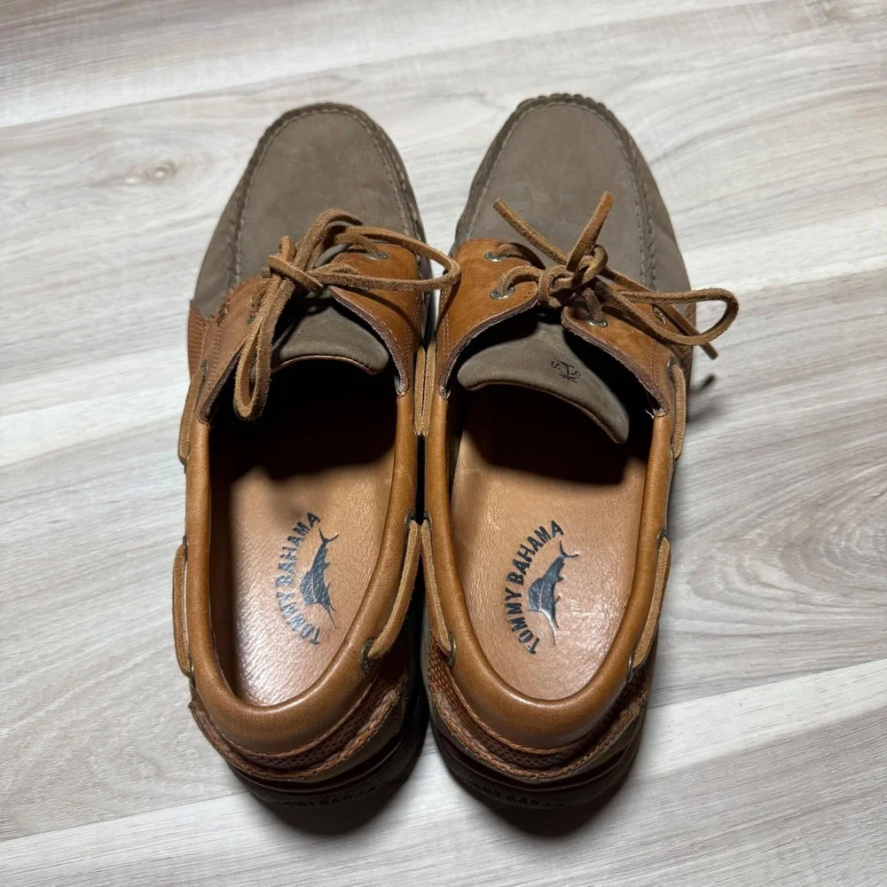 Tommy Bahama Boat Shoes Mens 12 Brown Olive Leather Suede TB-266 Loafers‎ Casual